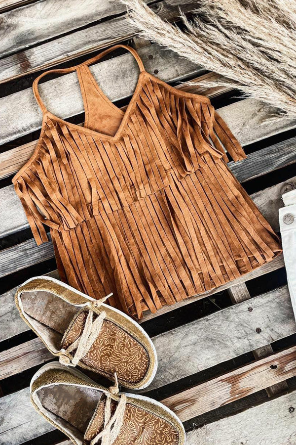 Suede Fringe Racerback Tank Top