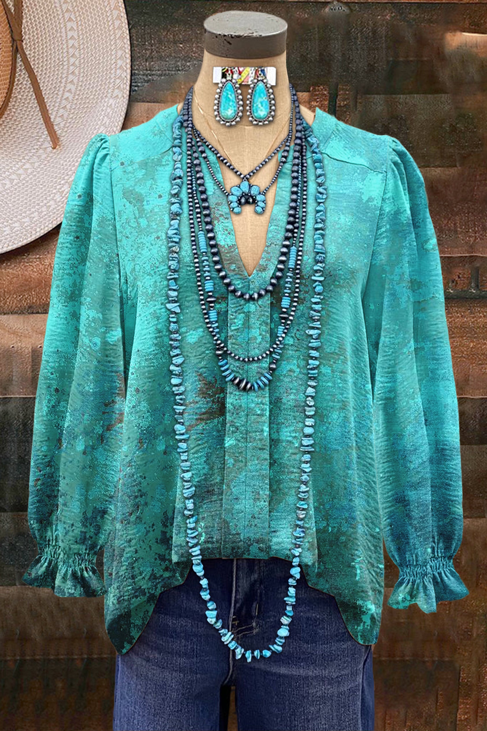 Classic Turquoise Print V-neck Top