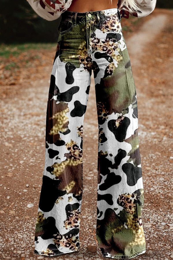 Cow Pattern Camouflage Wide Leg Pants