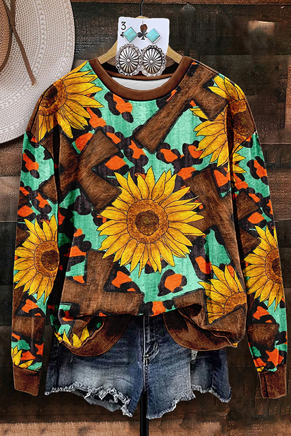 Vintage Sunflower Cross Leopard Print Sweatshirt