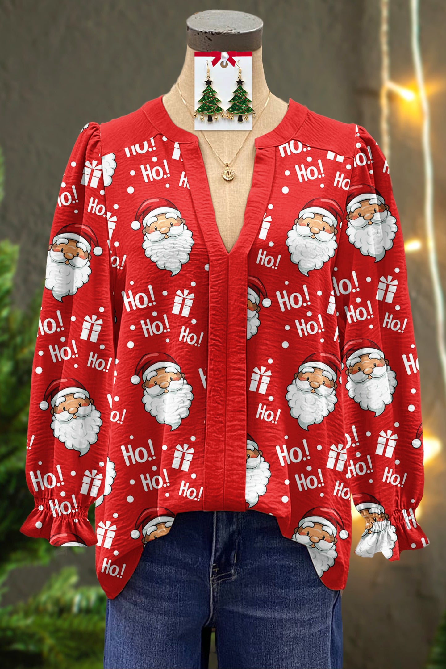 Classic Christmas Santa Claus Print V-Neck Top