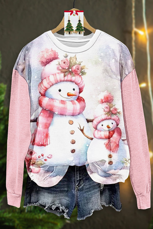 Sweet Christmas Snowman Print Long Sleeve Top