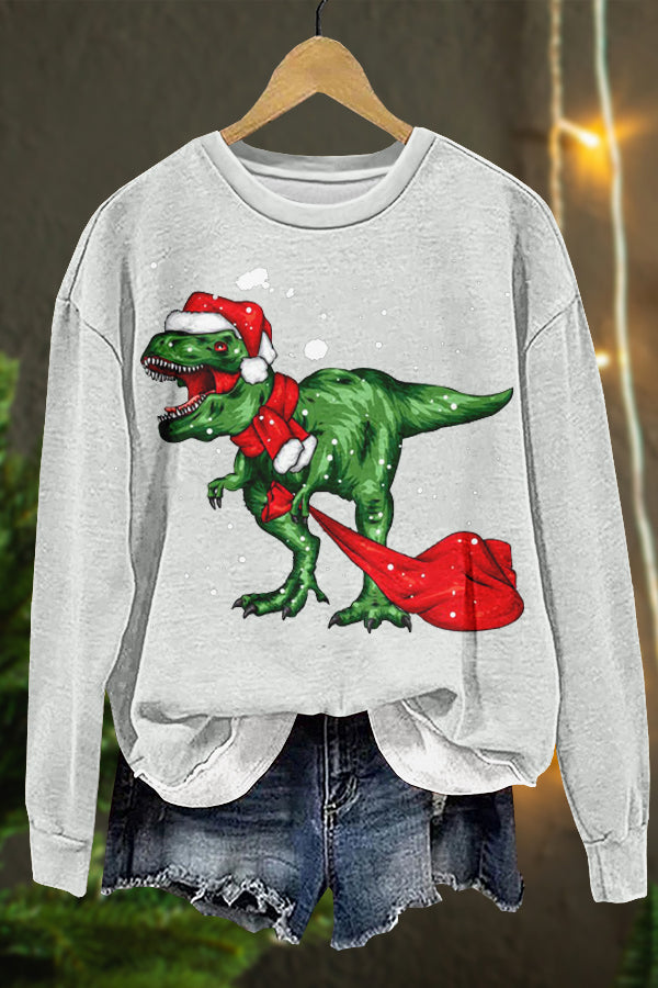 Christmas Dinosaur Santa Claus Print Sweatshirt