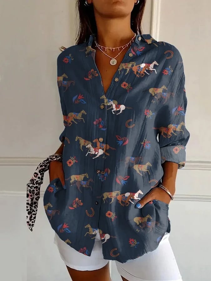 Women's Vintage Western Horse Print Casual Long Sleeve Shirt