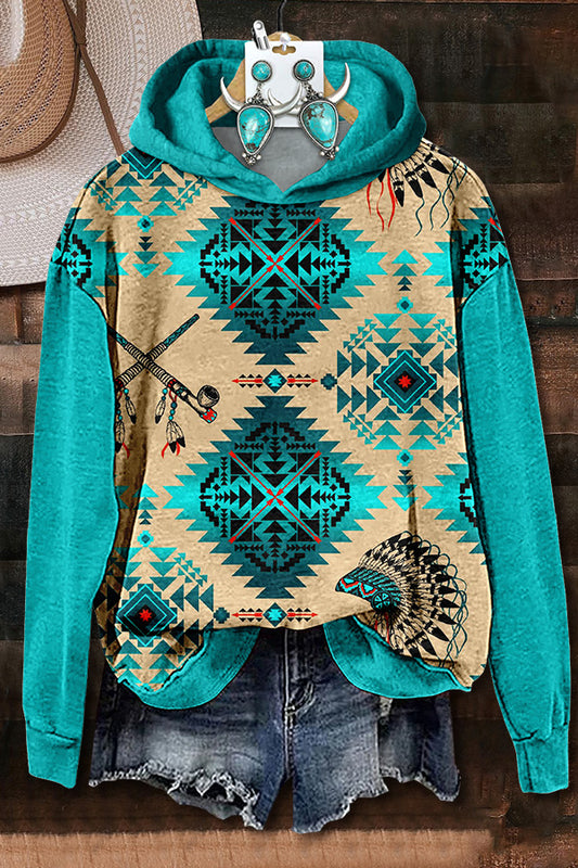 Turquoise Aztec Printed Hoodie