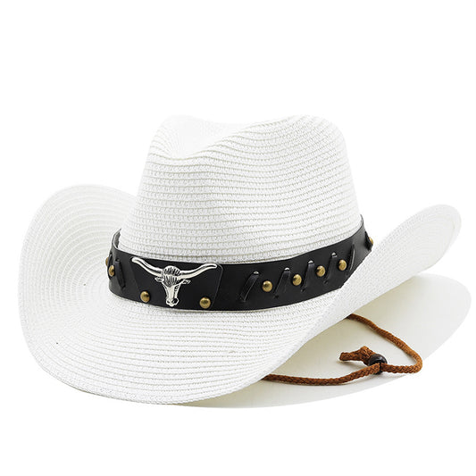 Western Bull Head Belt Cowboy Straw Hat