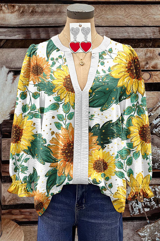 V-Neck Sunflower Print Bell Sleeve Shirt