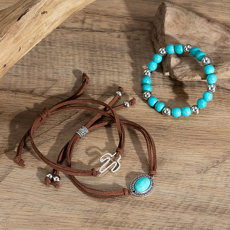 Western Cowboy Style Cactus Decor Turquoise Beaded Bracelet Set