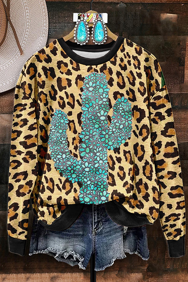 Vintage Cactus Turquoise Leopard Print Sweatshirt