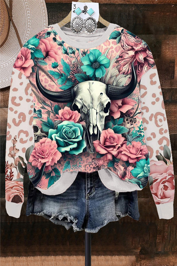 Western Leopard Bull Rose Print Sweatshirt