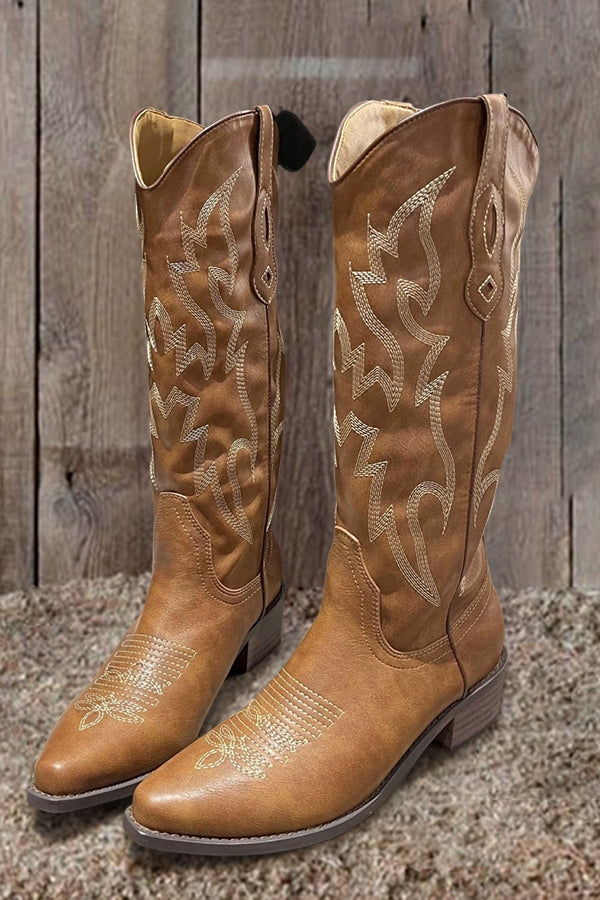 Retro Western Embroidered Thick Heel Boots