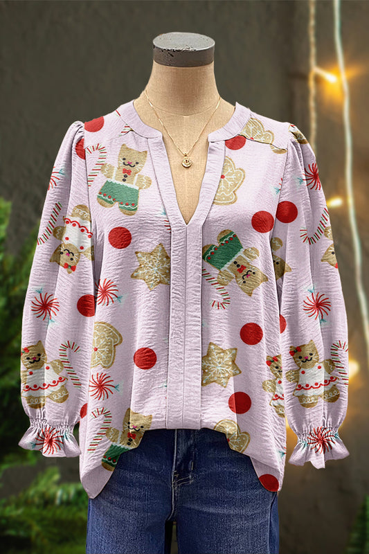 Sweet Christmas Gingerbread Cats Print Puff Sleeve Top