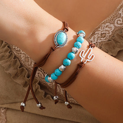 Western Cowboy Style Cactus Decor Turquoise Beaded Bracelet Set