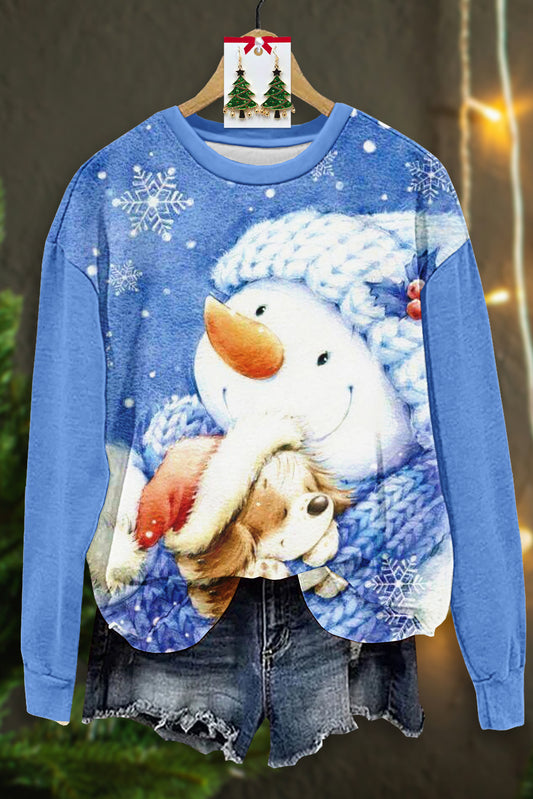 Casual Christmas Snowman Print Long Sleeve Top