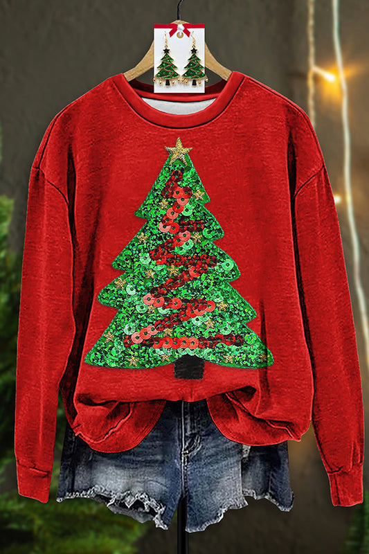 Pretty Sequined Christmas Tree Print Sweatshirt