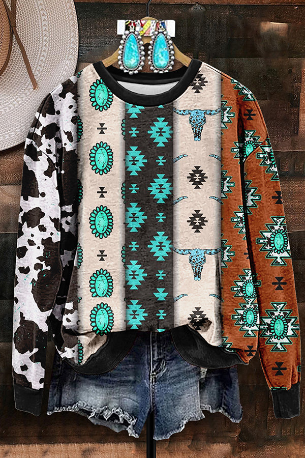 Retro Western Aztec Turquoise Print Sweatshirt