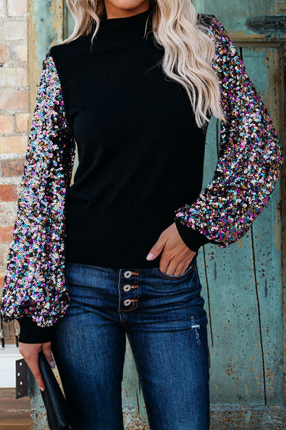 Stylish Sequin Balloon Long Sleeve Mock Neck Pullover Sweatshirt