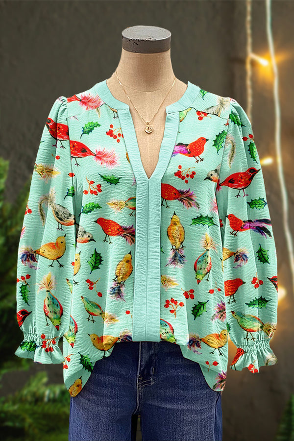 Pretty Yuletide Bouquet Birds Holly Mint Print Puff Sleeve Top