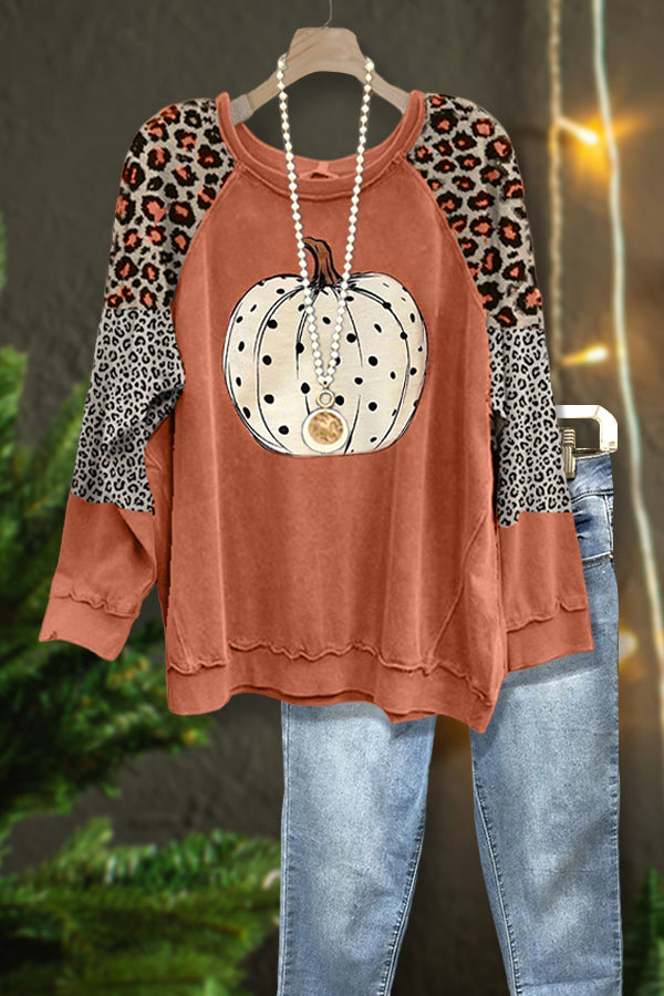 Casual Pumpkin Print Paneled Leopard Sweatshirt