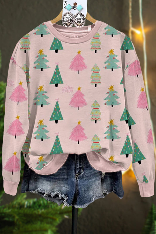 Casual Christmas Tree Print Crew Neck Sweatshirt