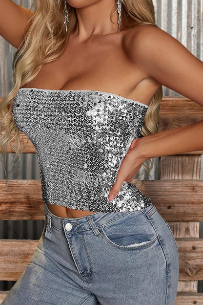 Sexy Solid Sequin Tube Top