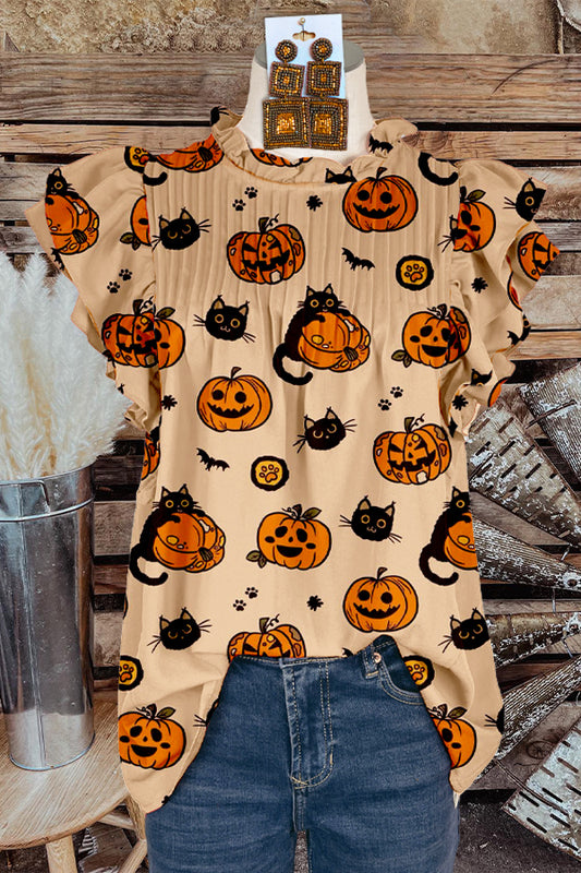 Contrast Ruffle Sleeve Halloween Print Top