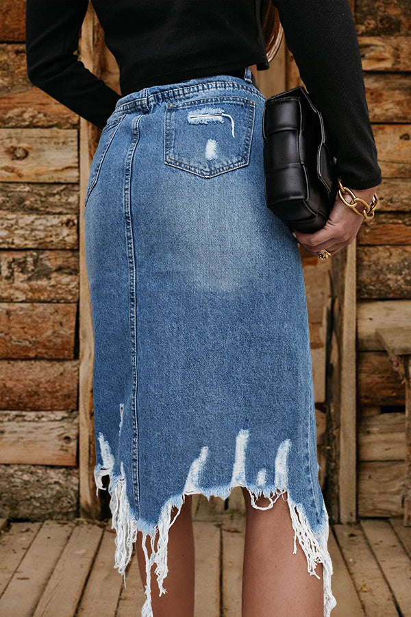 Retro Washed Irregular Ripped Tassel Denim Skirt