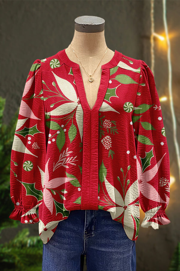 Sweet Christmas Flowers Print Puff Sleeve Top