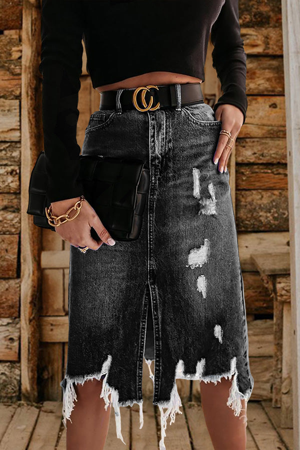 Retro Washed Irregular Ripped Tassel Denim Skirt