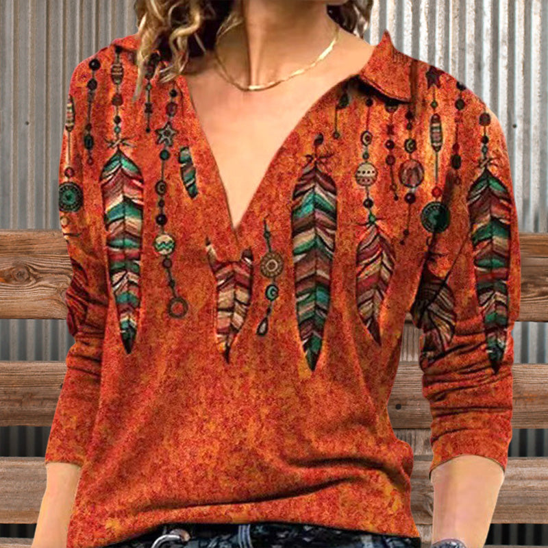 Retro Printed V-Neck Long-Sleeved Shirt