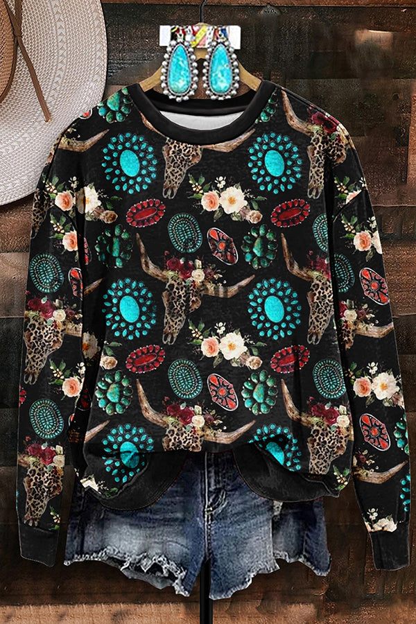 Vintage Bull Head Turquoise Print Sweatshirt