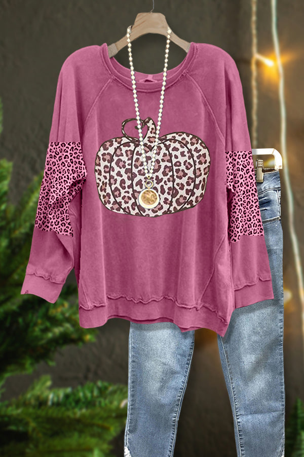 Classic Pumpkin Print Panel Leopard Sweatshirt