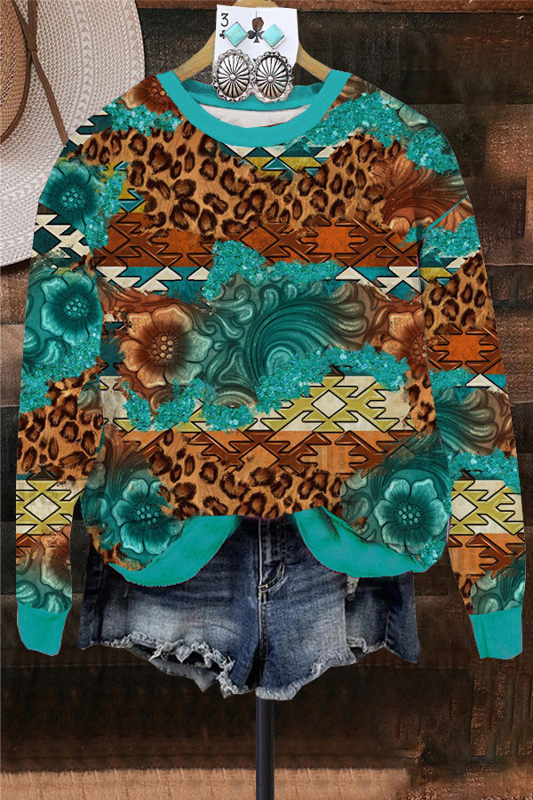 Western Leopard Aztec Print Sweatshirt