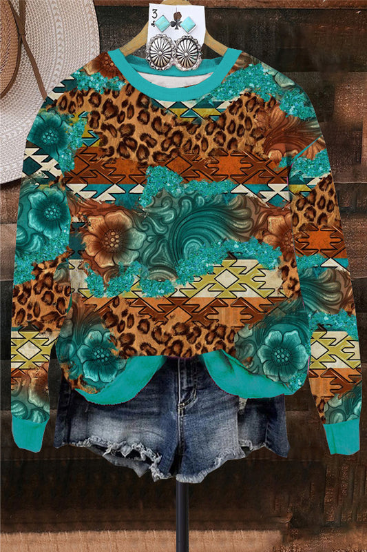 Western Leopard Aztec Print Sweatshirt