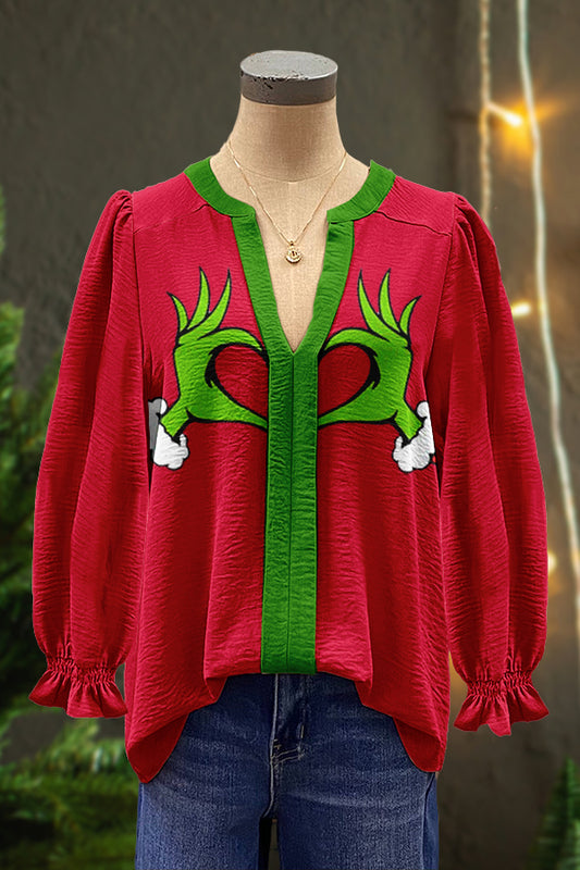 Cute Christmas Grinch Print Puff Sleeve Top