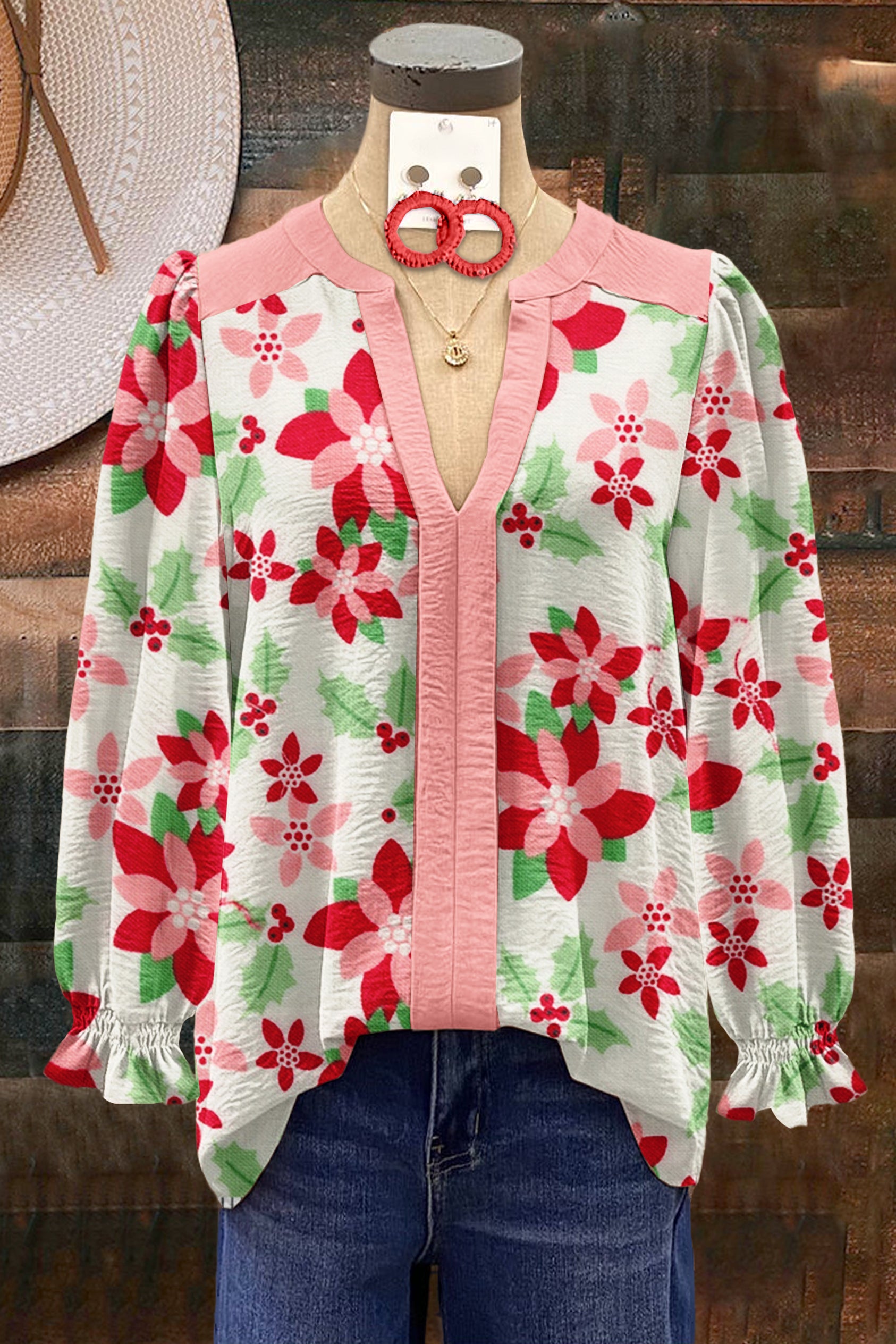 Classic Floral Print V-Neck Long Sleeve Top