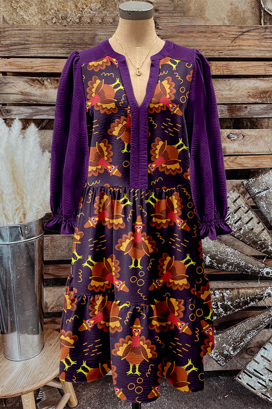 Purple Thanksgiving Turkey Print V-neck Puff Sleeve Dress