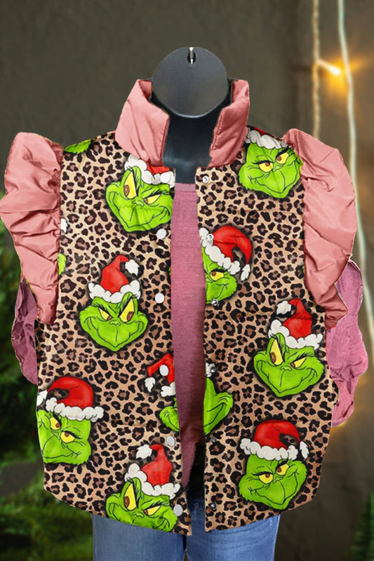 Sweet Christmas Grinch Leopard Print Ruffle Vest