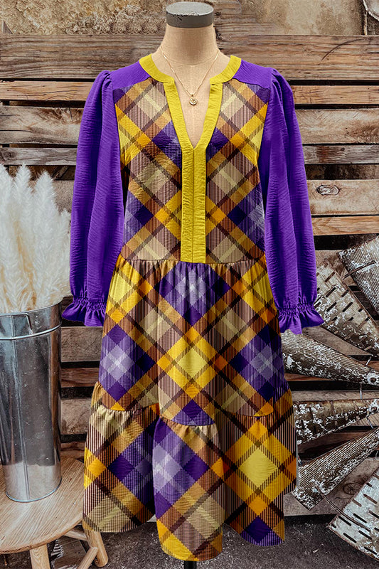 Purple Orange Classic Plaid Print V-neck Puff Sleeve Dress