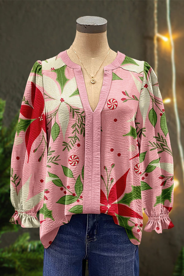 Sweet Christmas Flowers Print Puff Sleeve Top