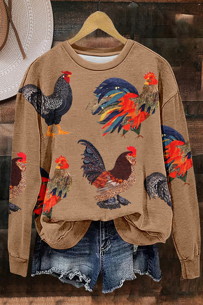 Chic Country Rooster Print Sweatshirt