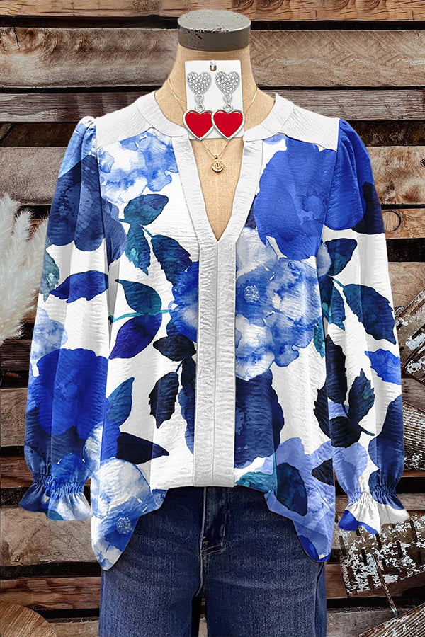 V-Neck Trumpet Sleeve Blue Floral Print Sweatshirt