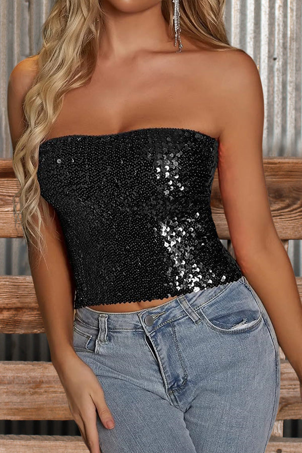 Sexy Solid Sequin Tube Top