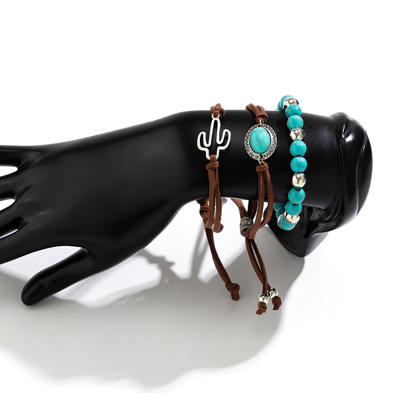 Western Cowboy Style Cactus Decor Turquoise Beaded Bracelet Set