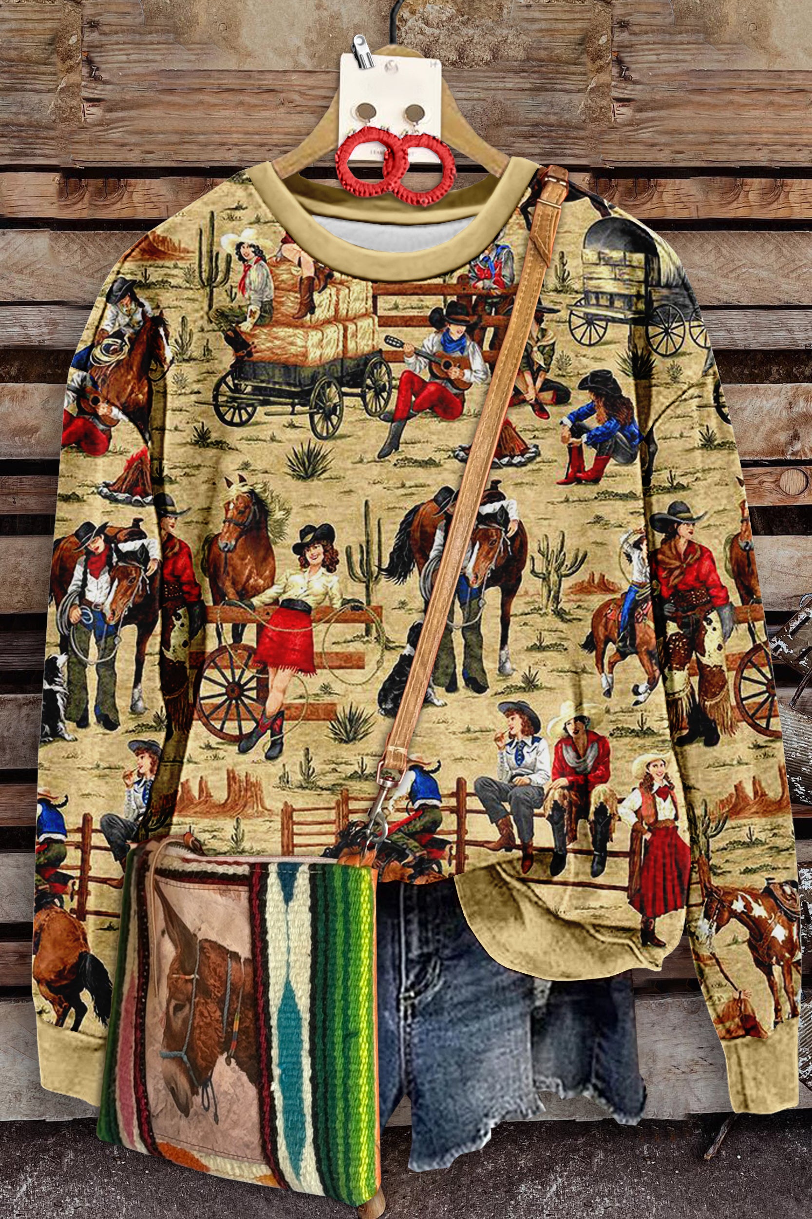 Vintage Western Print Crew Neck Top