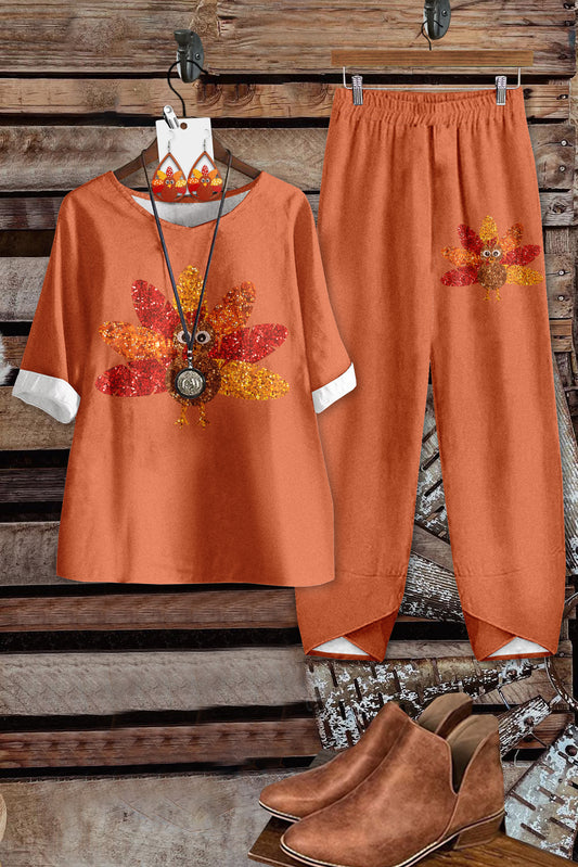 Casual Thanksgiving Turkey Print Top And Pants Set