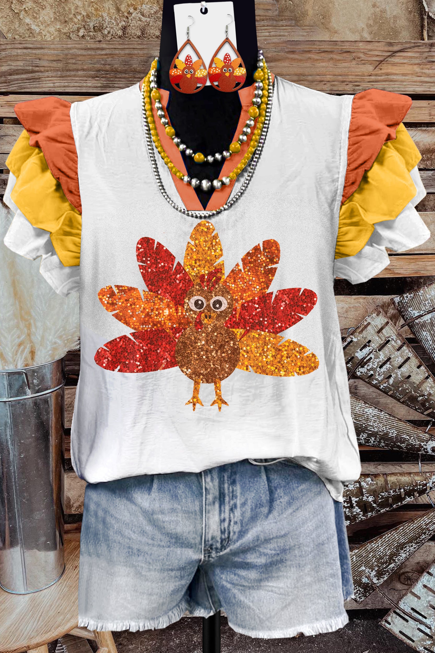 Classic Thanksgiving Turkey Print Fly Sleeve Top