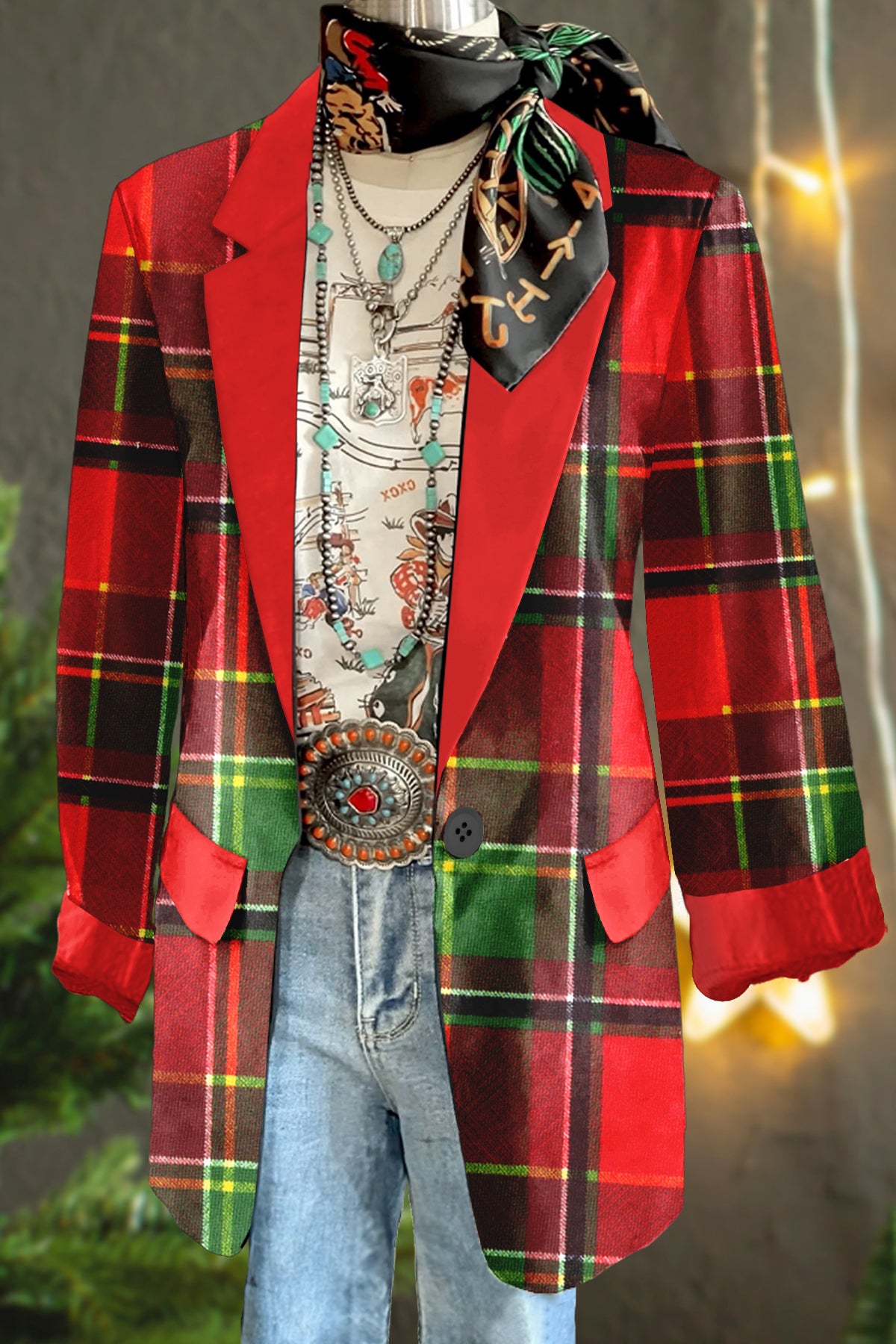 Vintage Christmas Check Print Long Sleeve Jacket