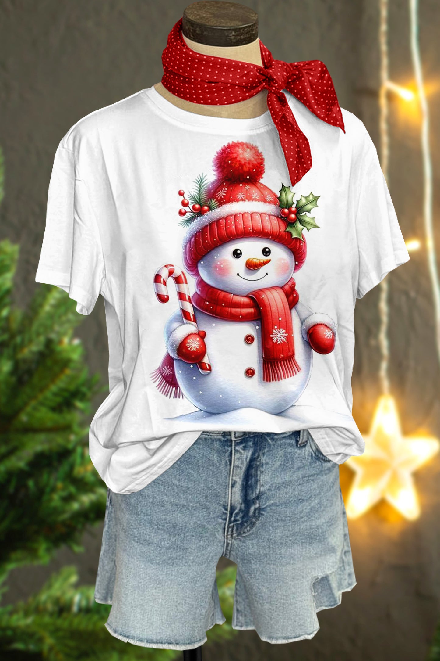 Cute Christmas Snowman Print Short Sleeve Top