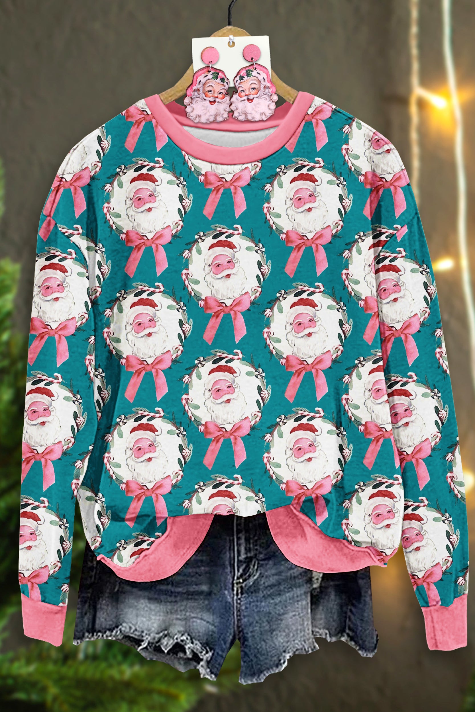 Sweet Christmas Santa Claus Print Long Sleeve Top